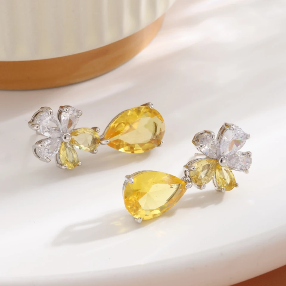 ZAKOL New Elegant Water Drop Flower Cubic Zirconia Earrings Bling Yellow CZ Dangle Luxury Women Wedding Engagement Jewelry