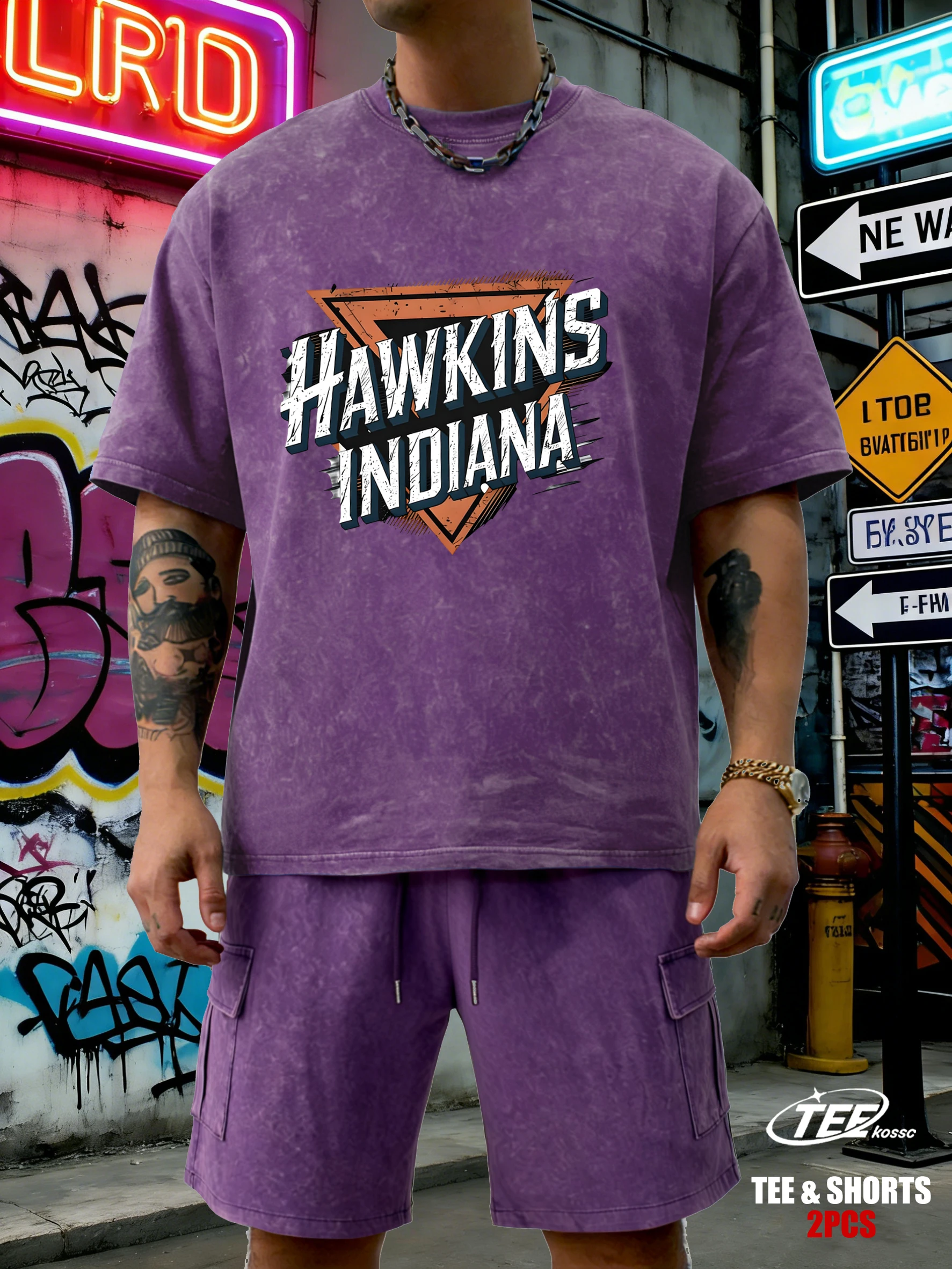 

Hawkins Indiana Design Washed Man Tee Loose Fashion T-Shirt Summer Cotton Vintage Short Sleeve Unisex All-Match Shorts Suit
