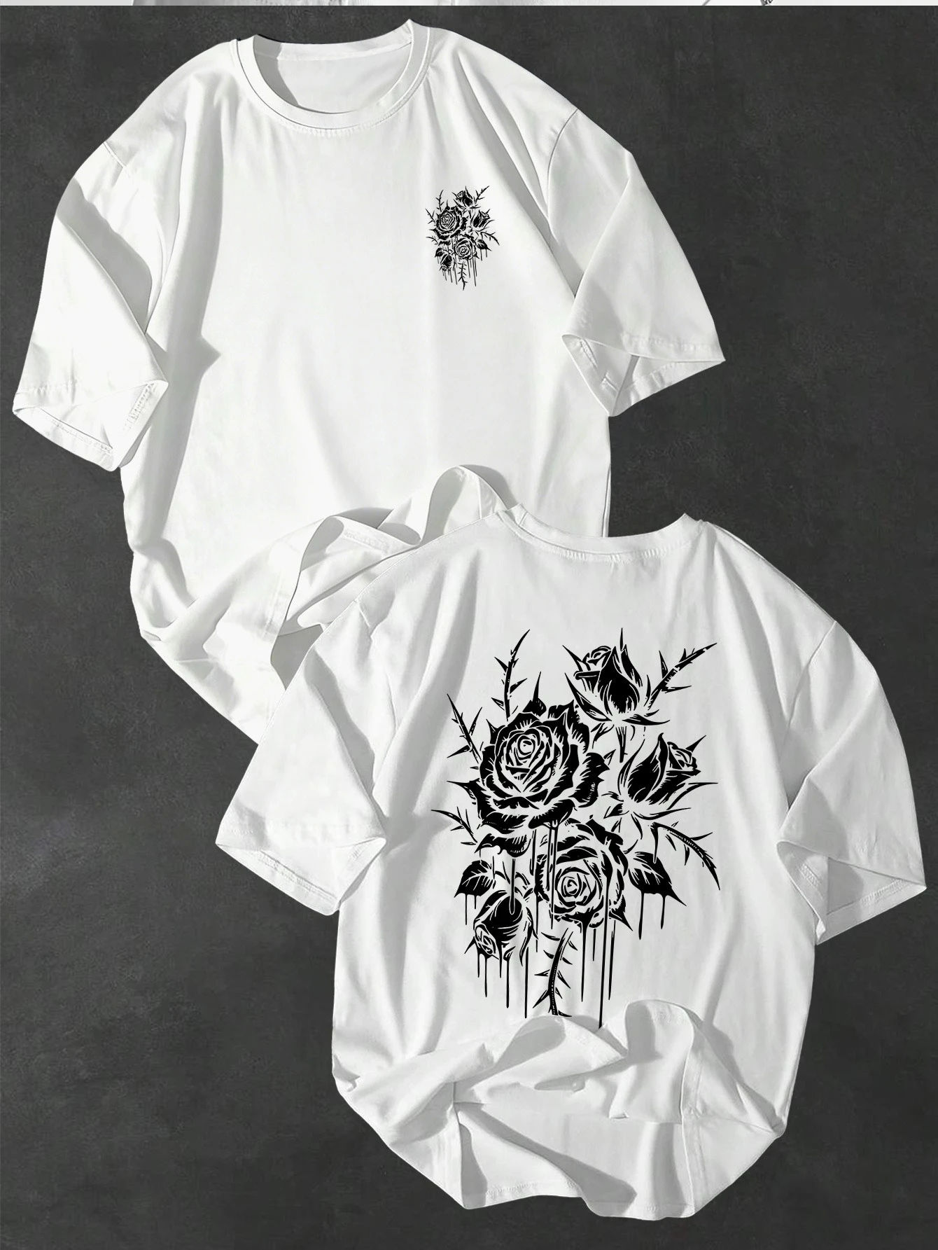 2026 New Summer Men's T-Shirt, 100% Cotton, Rose Print, Casual, Comfortable, Loose Fit, Trendy, High-Quality T-Shirt