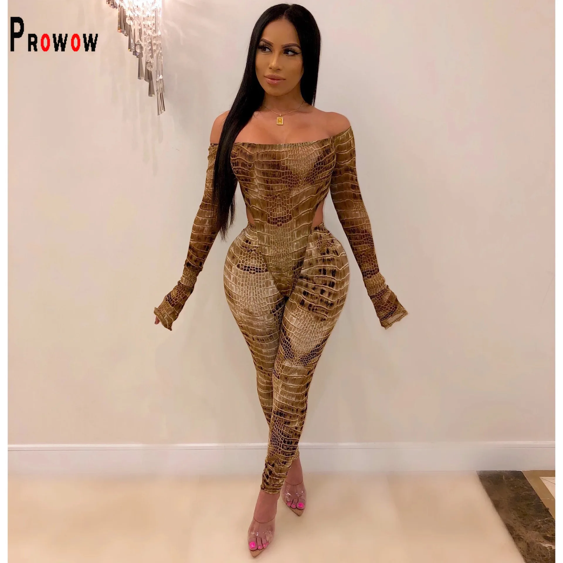 Prowow Sexy Skinny Women Two Piece Suits Shoulderless Bodysuits Long Pant Streetwear Clothing Set Spring Summer Bodycons Outfits