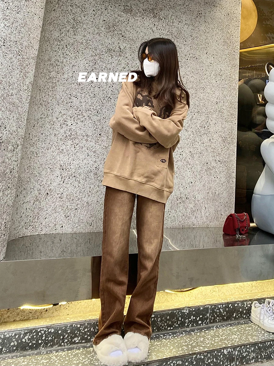 

Женские джинсы с высокой талией, коричневые, широкие, прямые, свободные, в пол, с эффектом похудения, джинсовые брюки-клеш с высокой талией