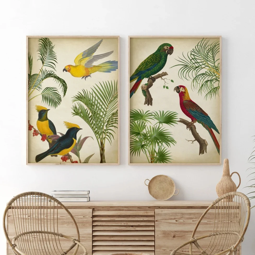 Tropical Birds Fauna Flora Print Canvas Painting Parrot Toucan Palm Tree Wall Art Poster for Living Room Home Decor Picture