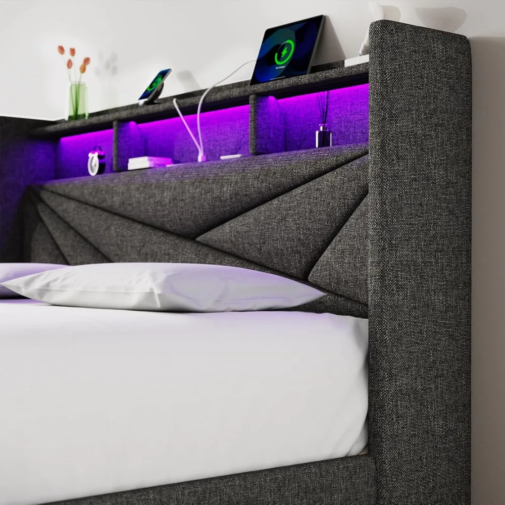 إطار سرير منجد بحجم كوين مع 4 أدراج تخزين ولوح رأسي بإضاءة LED ومحطة شحن