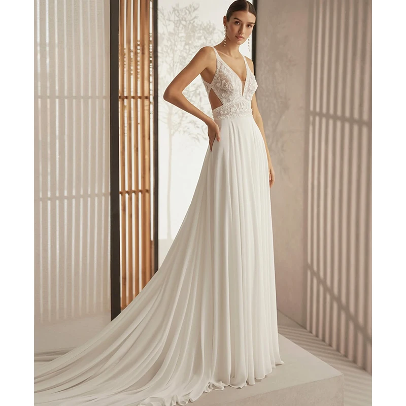 

Boho Deep Wedding Dress Chiffon With Embroidery Beach Ballgown A-Line Sleeveless V-Neck Customized Bridedress Backless Lace Robe