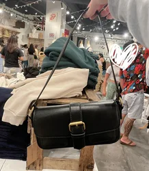 New Black One-shoulder Underarm Bag Female Chic Belt Buckle Double Front Pocket Bag For Women Vintage Fashion Handbag