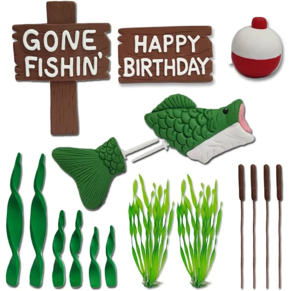 Fishing Cake Topper Gone Fishing Cake with Bass Reed Happy Birthday Sign