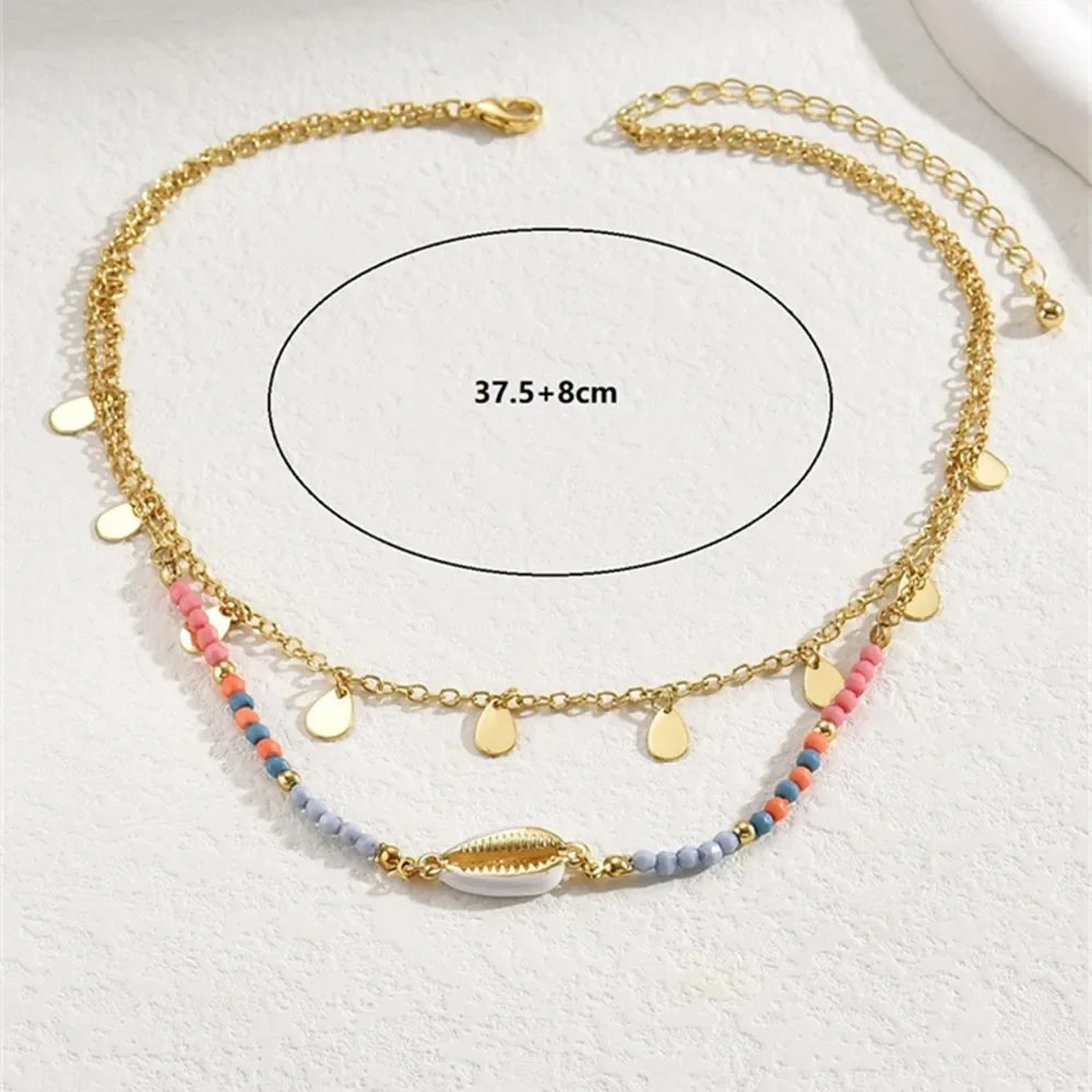 Boho Colorful Bead Chain Shell Gold-plate Water Droplets Sequin Tassel Pendant Necklace For Women Vintage Fashion Choker Jewelry