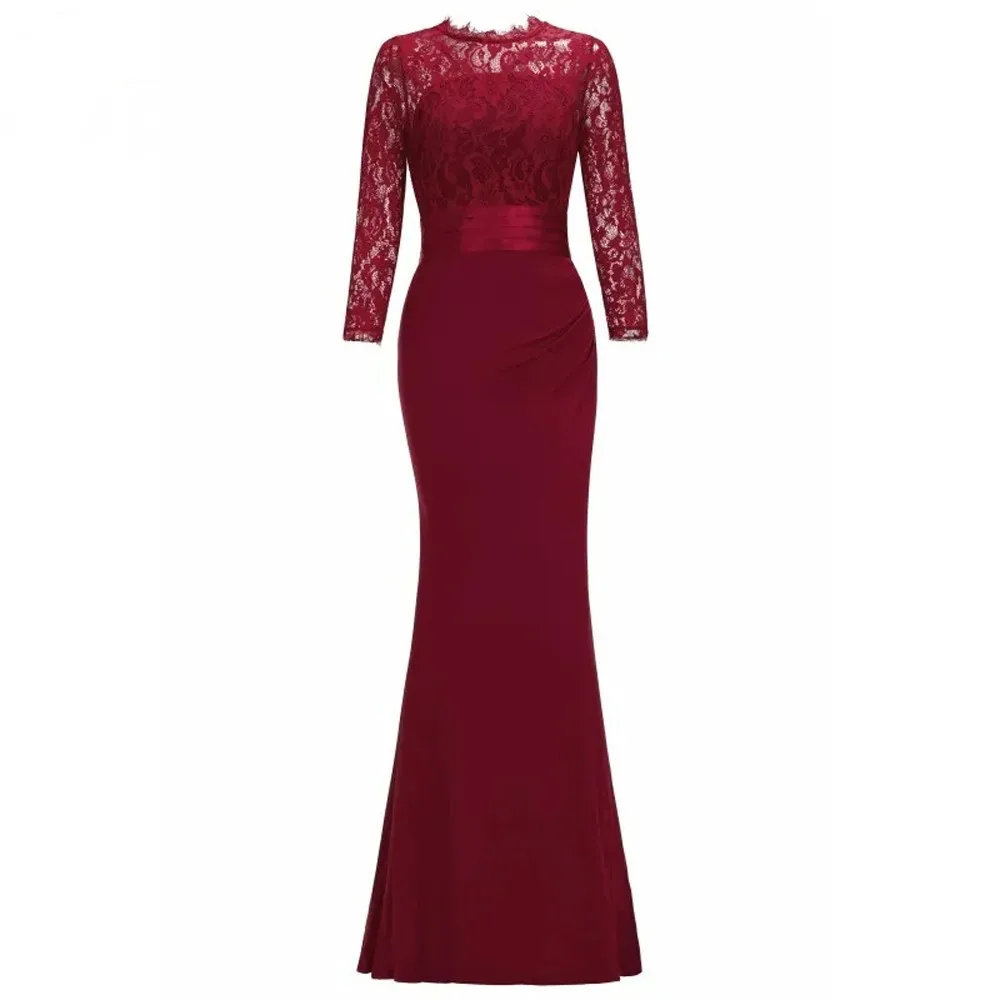 Elegant Long Sleeve Mermaid Evening Dresses Lace Scoop Neck Burgundy Red With Sashes Formal Party Prom Gowns Vestido De Fiesta