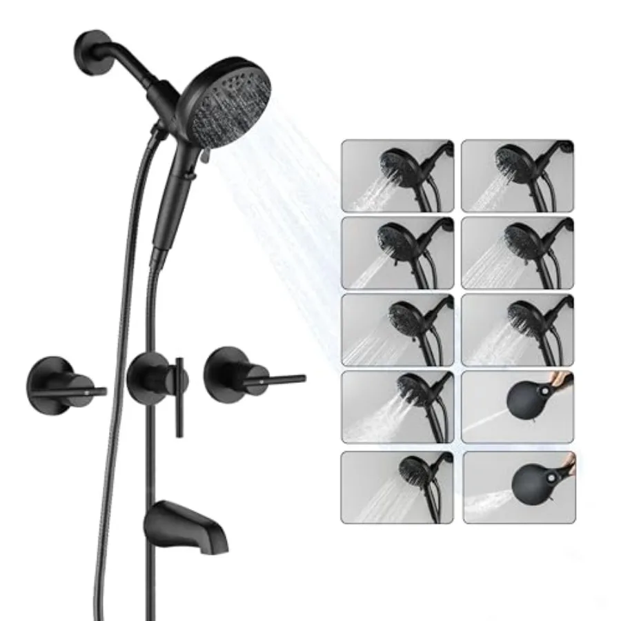 

3 Handle Tub Shower Faucet Set Matte Black Magnetic Guidance Docking System High Pressure 10-Spray Handheld Shower Wall Mounted