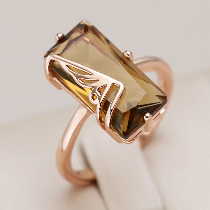 Kinel Hot Fashion Light Brown Natural Zircon Big Ring dla kobiet Simple Square 585 Rose Gold Color Wysokiej jakości codzienna biżuteria