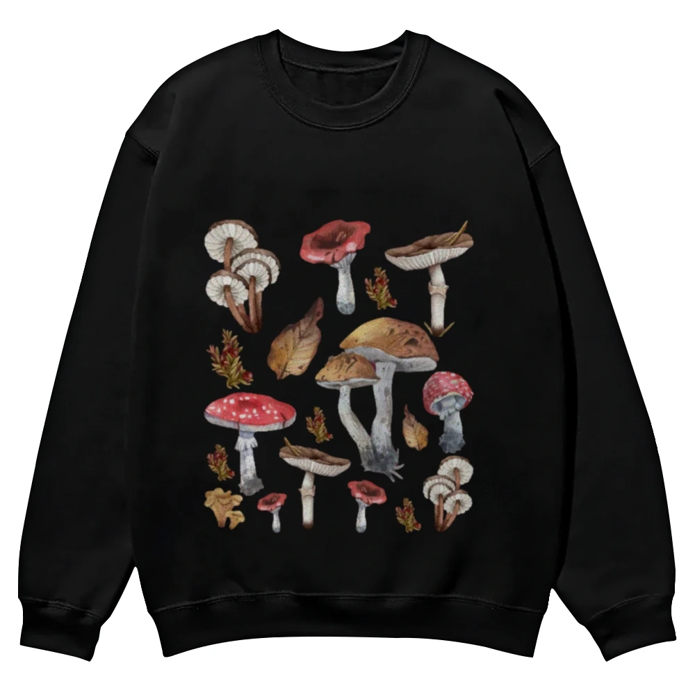 Chic Mushroom Printed Sweater, Long Sleeve, Crew Neck, Cotton Sweatshirt, Casual Loose Streetwear, Unisex Top, Spring and Autumn