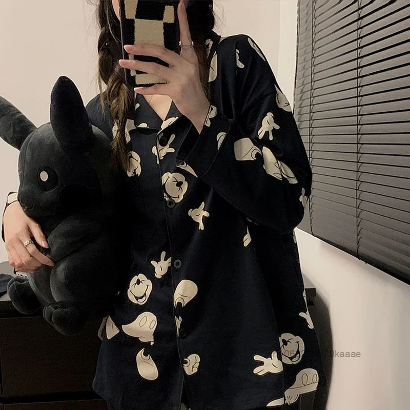 Disney Black Mickey Women\'s Spring Autumn Sleepwear Japanese Style Cartoon Cardigan Pajamas Y2k Girl Trendy Casual Home Suit Set