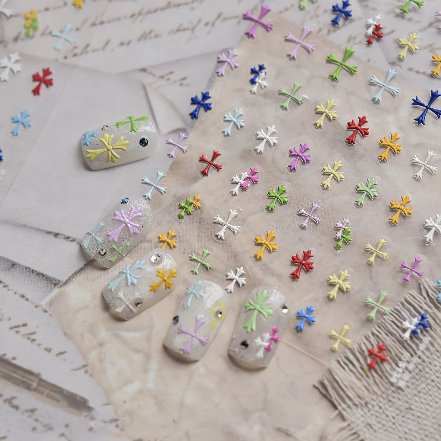 1PCS Colorful Cross Nail Stickers Nail Art Supplies 5D Letters Flowers Embossed Nail Art Decals Nail Art Decoration