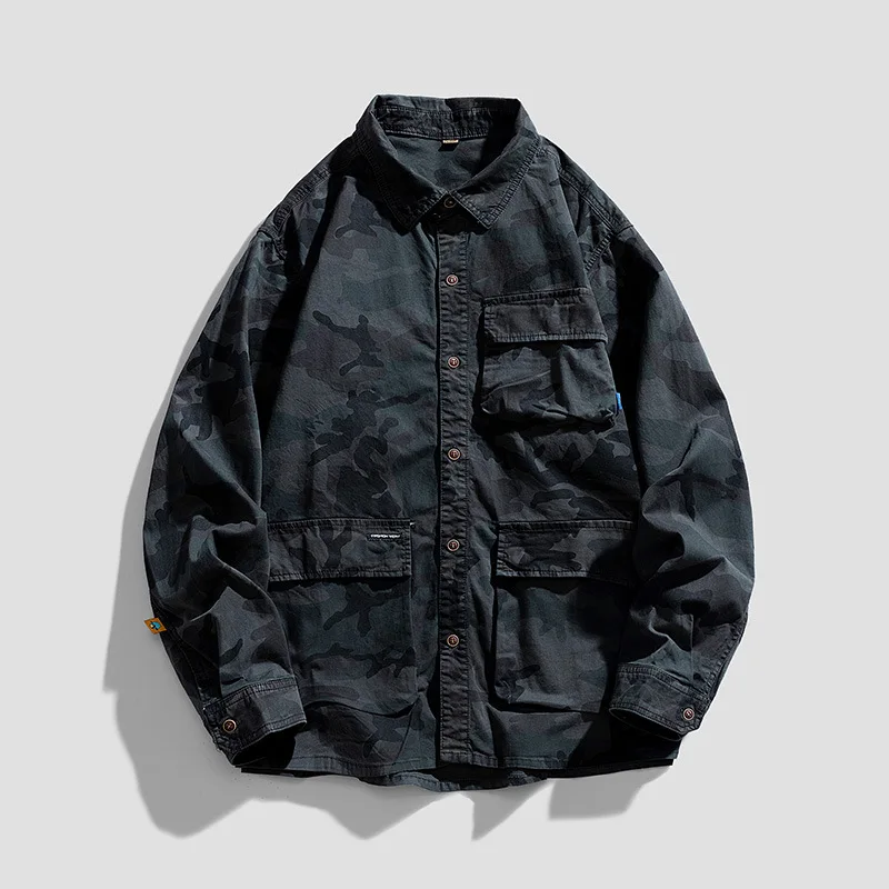 Japanese Style  Men Camouflage Workwear Shirt Jacket Spring Autumn Loose Fit Casual Button Up Overshirt Jackets