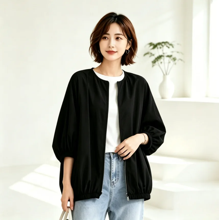SuperAen 2026 Spring and Summer New Japan Style Women's Zippered O-neck Lantern Sleeve Coat Solid Color Casual Coats