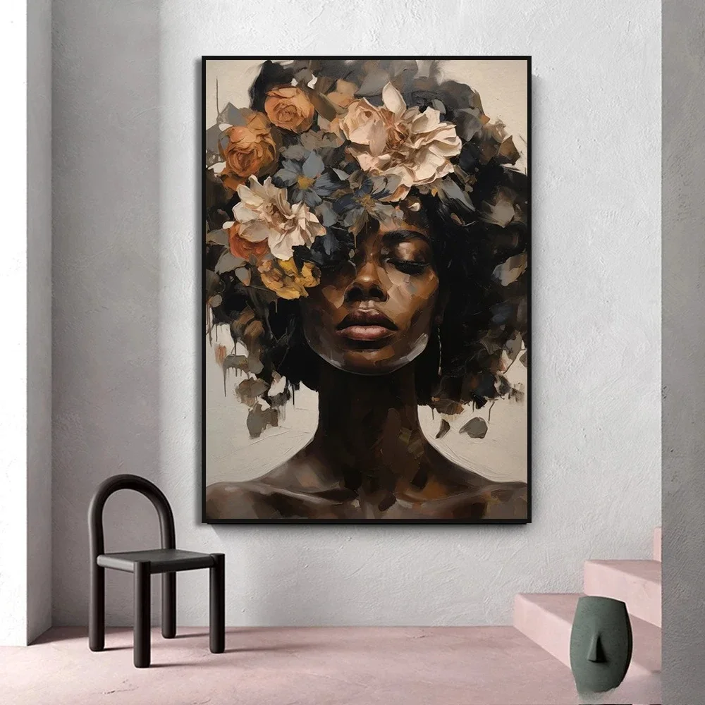 1pc frameless Canvas Painting Black Woman with Blossom Peony Rose Lily Flower Wall Art Canvas Painting Modern Posters Prints Wal