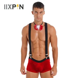 Mens Christmas Boxers Shorts Low Rise Bulge Pouch Velvet Panties Underwear with Suspenders Bow Tie Santa Cosplay Fancy Costume