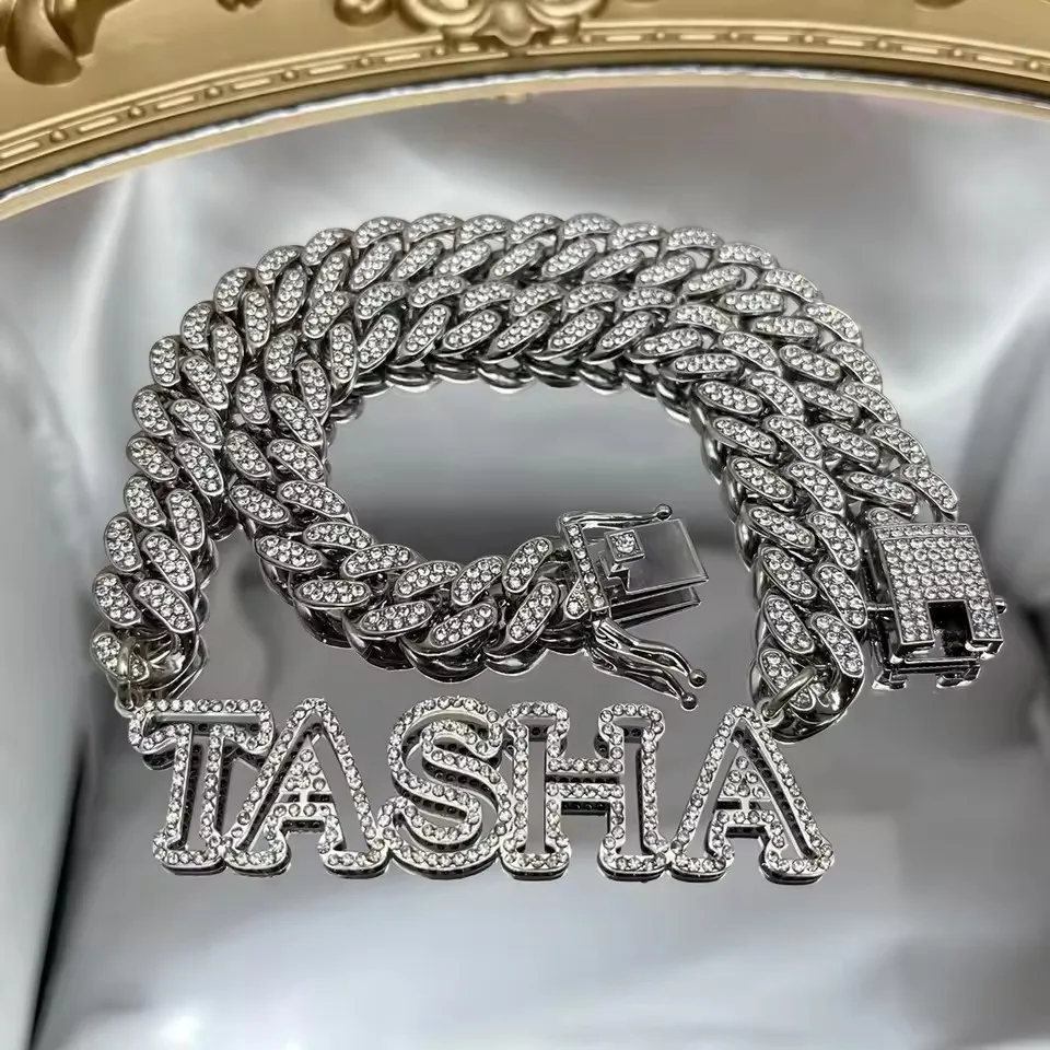 

12mm Miami Cuban Link Choker 3D Father Day gift Zircon Name Necklace Custom Bling Name Necklace Hollow Name Pendant Men Necklace