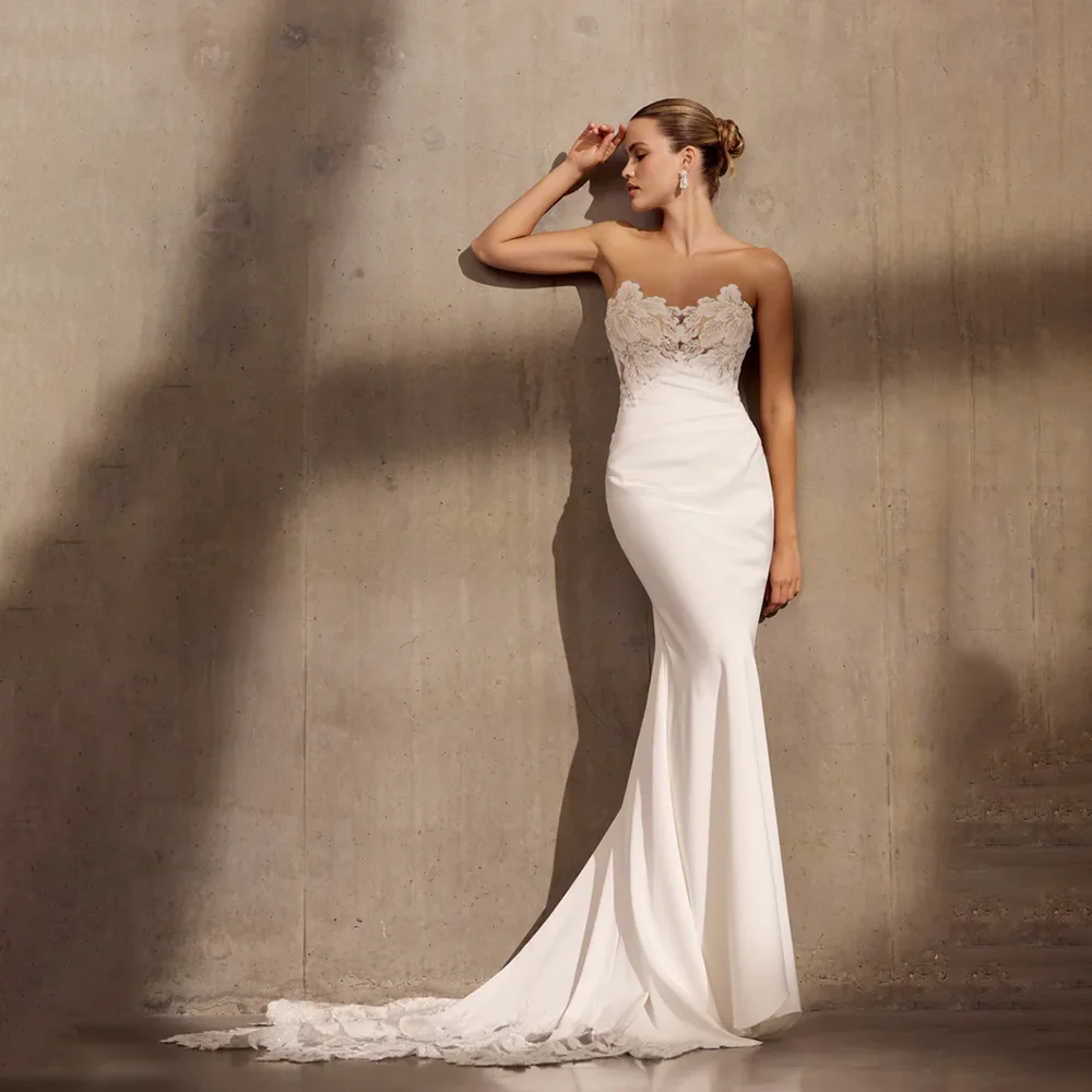 Strapless Mermaid Wedding Dress 2026 Lace Applique Sheer Bodice Satin Bridal Gown With Long Train Backless Ruched Wedding Dress