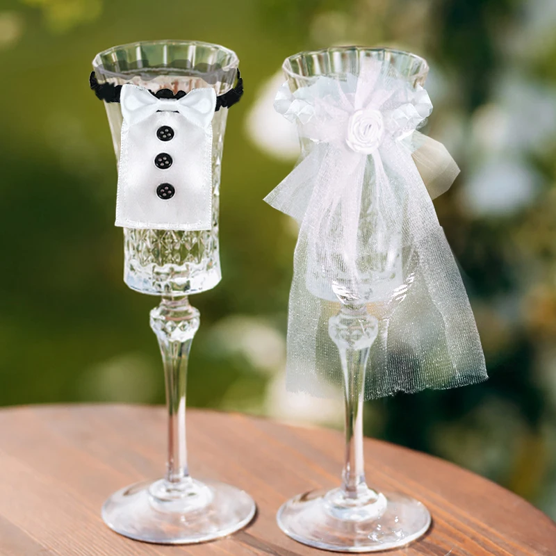 2Pcs Marriage Bride And Groom Wine Cups Wraps Champagne Glass Bottles Cover Wedding Table Decoration Bachelorette Party Decor