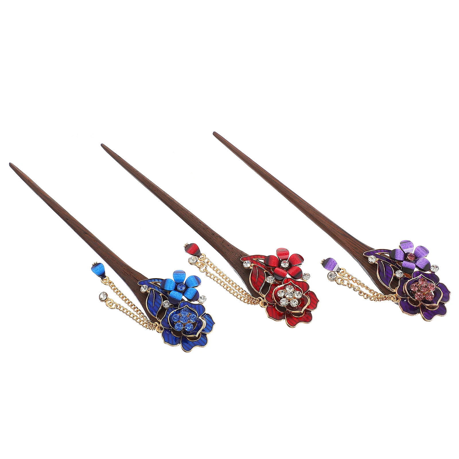 

3pcs Floral Stick Chopstick Chinese Style Sparkly Crystal Hairpin Elegant Women Bun Stick Dangle Charm Decor