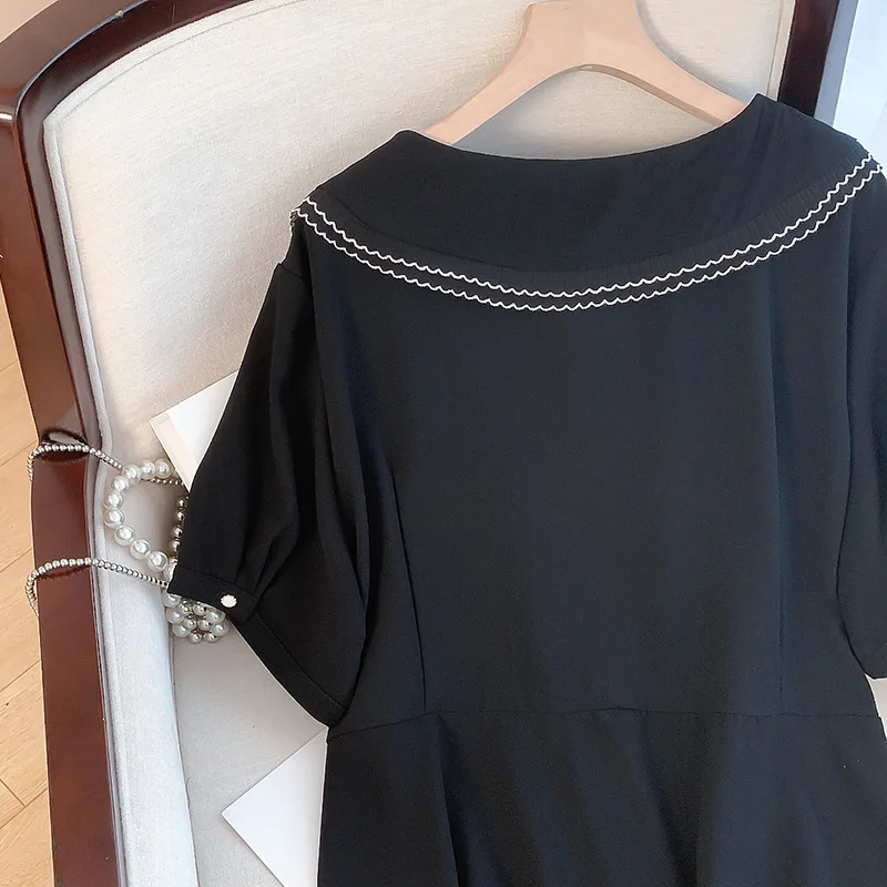 160Kg Plus Size Women's Bust 160 Summer Loose Double Line Doll Neck Short Sleeve Dress Black 6XL 7XL 8XL 9XL 10XL