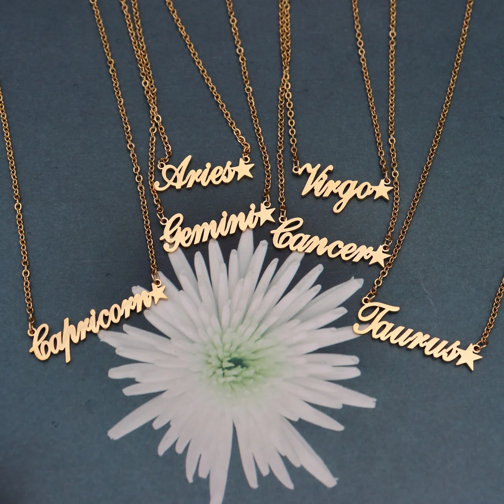 Zodiac Script Necklace 12 Constellation Word Pendant Necklaces Women Men Horoscope Jewelry Astrology Letter Choker Birthday Gift