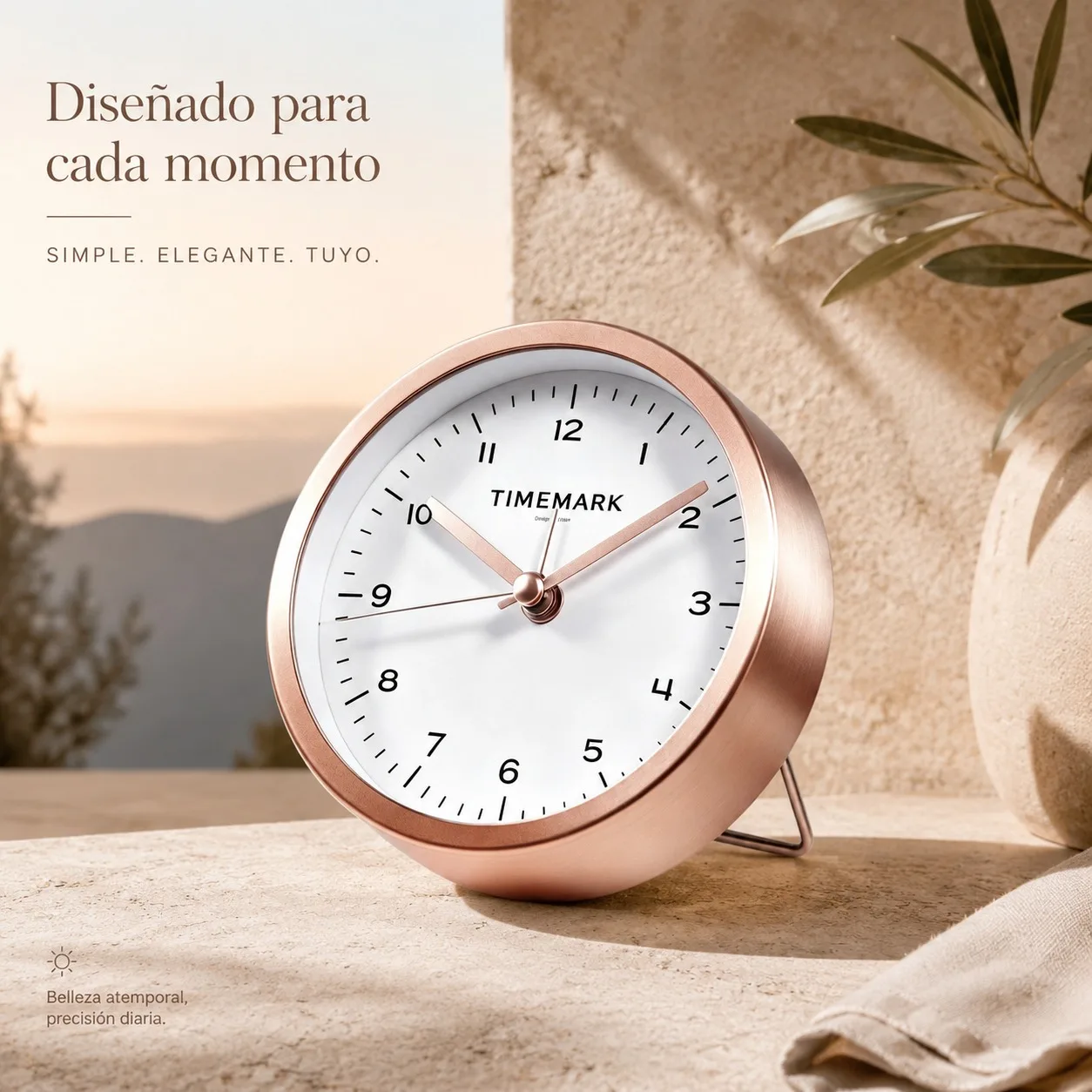 Réveil analogique en métal avec mouvement à quartz silencieux, design minimaliste en or rose, diamètre 9 cm x 4 cm, mécanisme de précision pour chambre et bureau