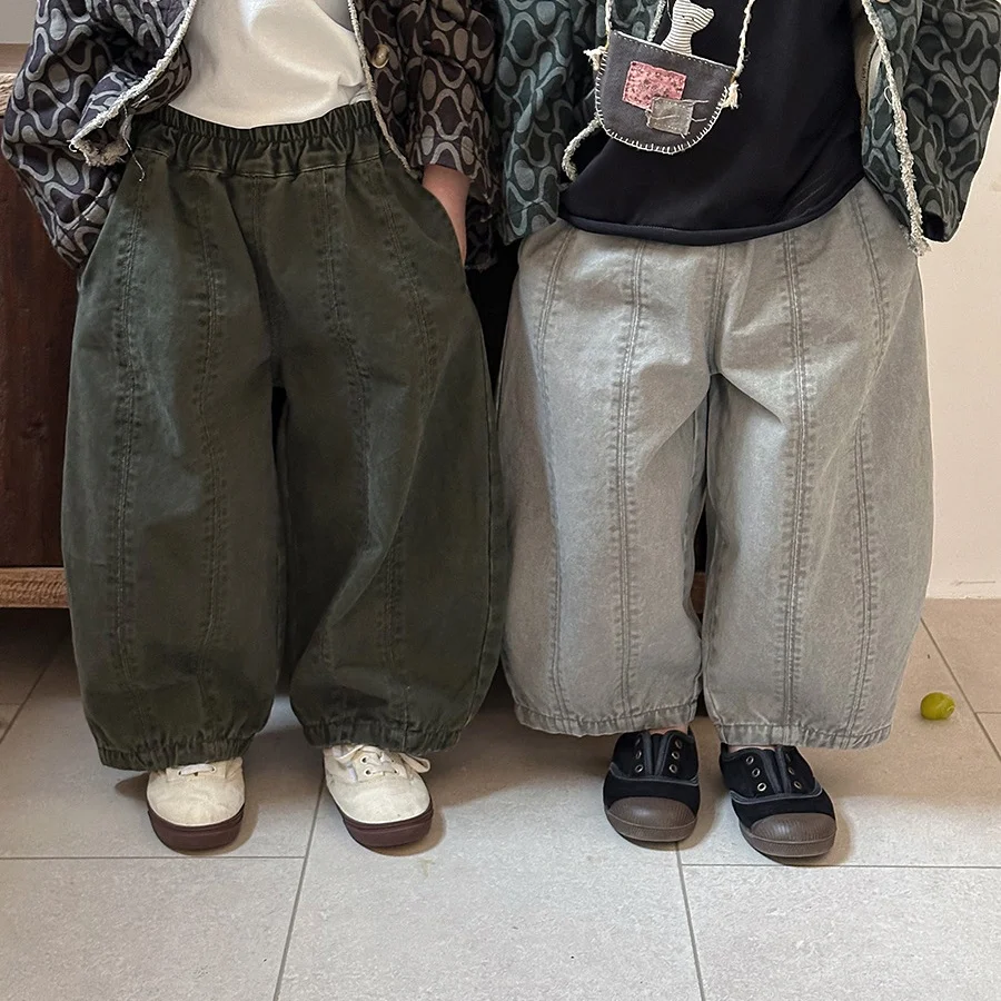 Autumn Kids Carrot Pants 1-7T Vintage Style Solid Boys Splicing Pants Korean Loose Childrens Trousers Girls Baby Wide Leg Pants