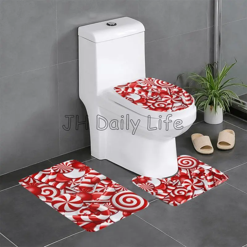 Christmas Candy Canes Bathroom Rugs Sets 3 Piece Coral Velvet Bath Rugs Sweet Sugar Non-Slip Absorbent U-Shaped Shower Mat Decor