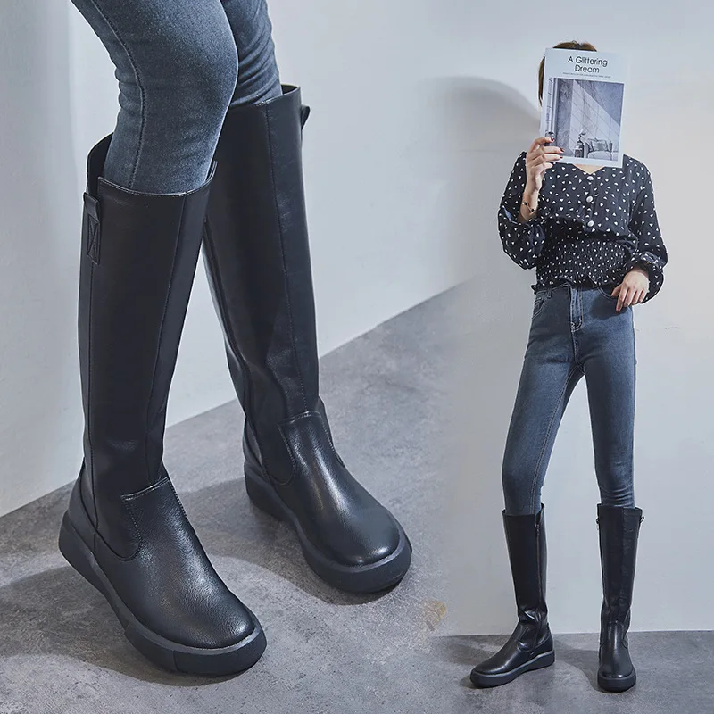 

Trendy Boots for Women British Style Flat Long Boots Mid-Calf Boots Versatile Single Boots Long Tube Riding Leather Boots