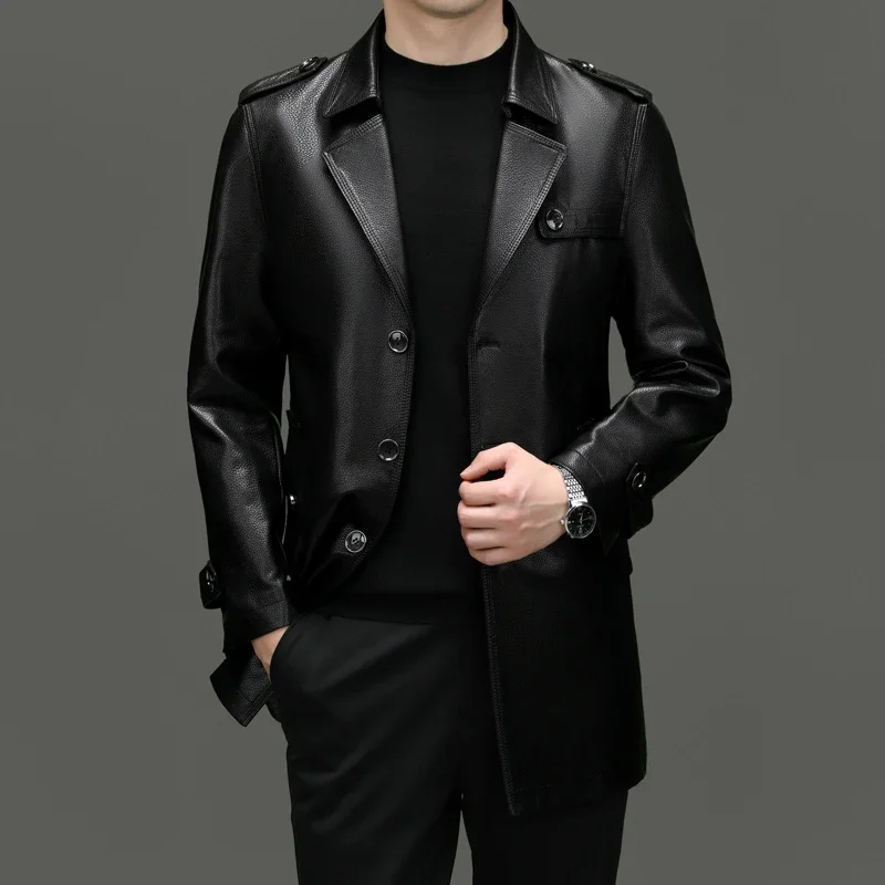 2026 High Quality Fashion Trend Banquet Autumn and Winter Long Leather Trench Coat Men's Business Handsome Trench Coat