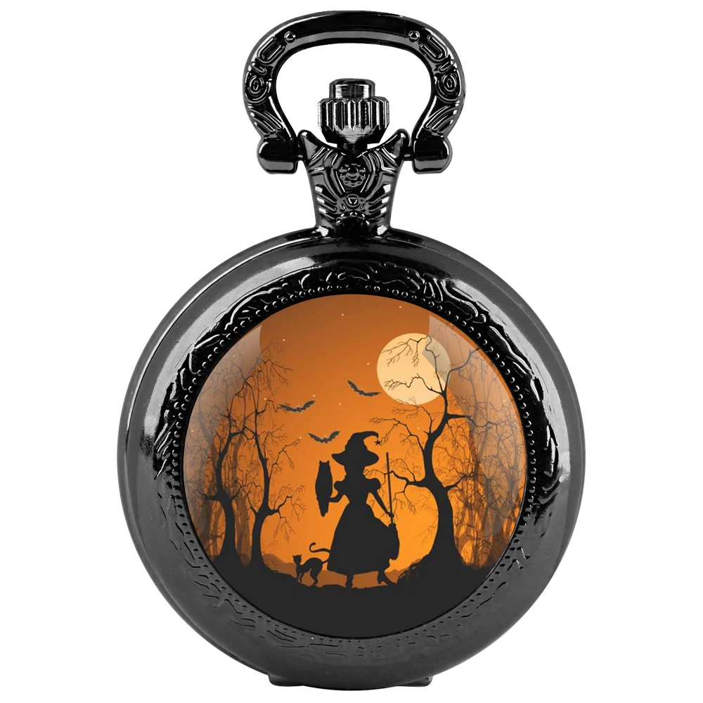 Orologio da tasca al quarzo nero con cupola in vetro strega di Halloween con quadrante con numeri arabi e catena resistente, regalo per uomini e donne