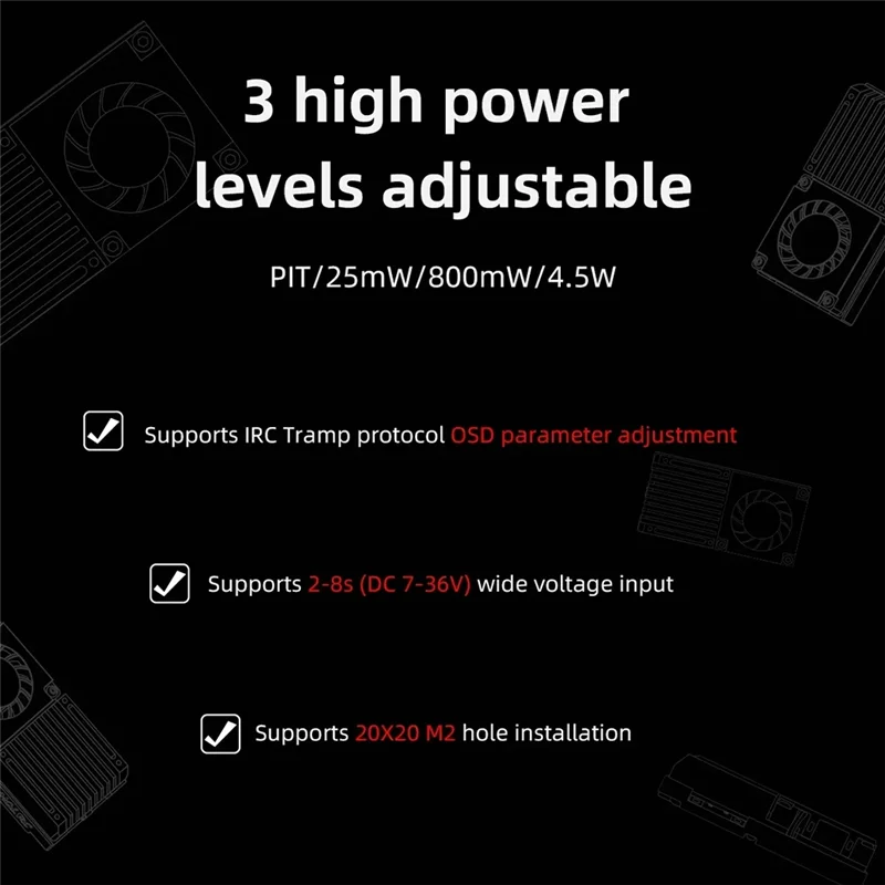 VTX 8CH 1.2G 4.5W 25Mw 800Mw قابل للتحويل 2-8S لوحدة إرسال الفيديو الطائرة بدون طيار FPV طويلة المدى