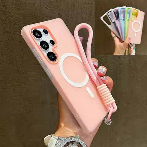 Candy Color Matte For Magsafe Case For Samsung Galaxy S25 S24 S23 S22 Ultra Plus S25Edge S25FE S24FE A17 With Lanyard Soft Cover