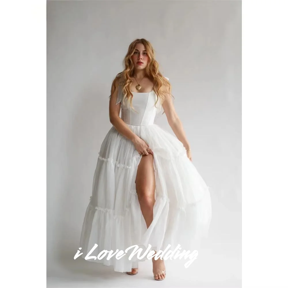 

White Square Collar Prom Dresses 2025 Sleeveless Spaghetti-strap A-line Side Split Floor-Length Pleated Evening Dress Customized