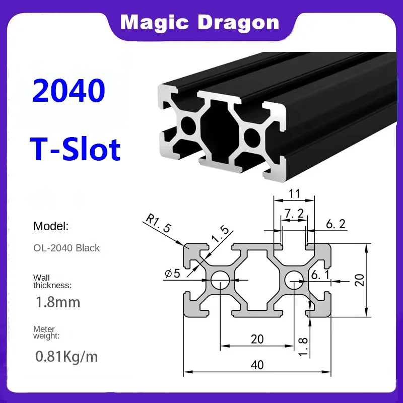 1PCS BLACK 2040 T-Slot European Standard Anodized Aluminum Profile Extrusion 100-800mm Length Linear Rail for CNC 3D Printer