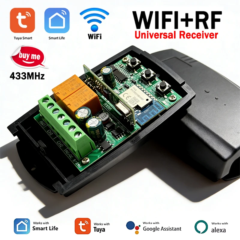 New Universal 433MHz Tuya Smart WIFI Switch Module 2CH Remote Receiver 433.92MHz Fixed Rolling Code Garage Door Controller Relay