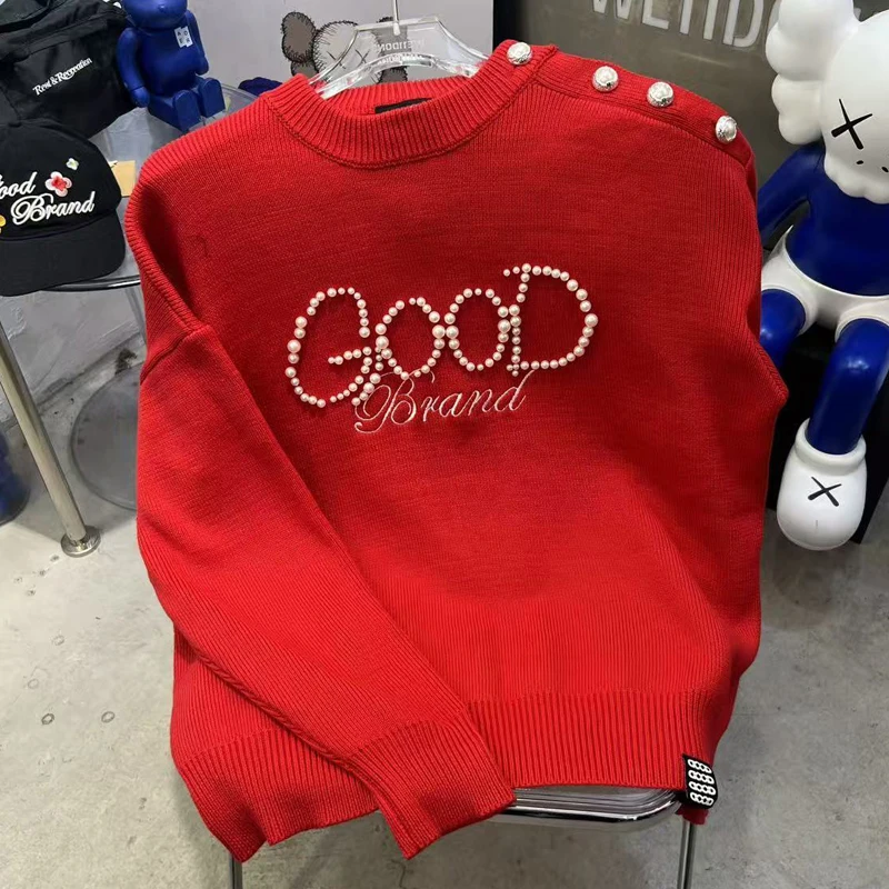 

Американский трендовый бренд, свитер Good Brand с жемчугом, вязаный пуловер с пряжкой на одно плечо для мужчин и женщин, зимняя уличная одежда в стиле поп