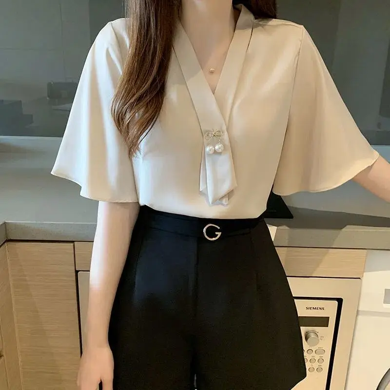 Summer Women's Clothing Pullover Solid Color Chiffon V-Neck Rivet Butterfly Sleeve T-shirt Elegant Comfortable Flattering Tops