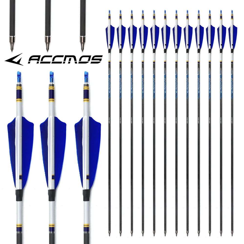 12pcs ACCMOS Archery Pure Carbon Arrow ID6.2mm 32in Shaft Spine 250/800 Bow Outdoor Hunting Shooting Training Arrow