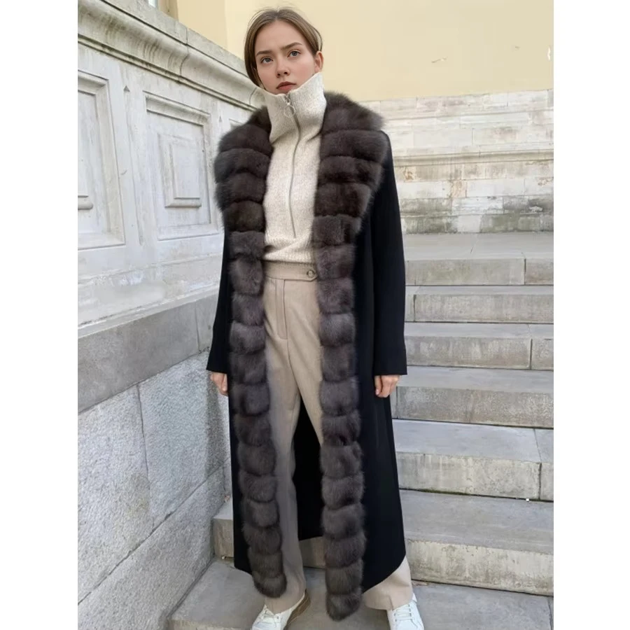 

Wool Coats For Woman Natural Fox Fur Collar Best Selling Real Fox Fur Women's Long Coat