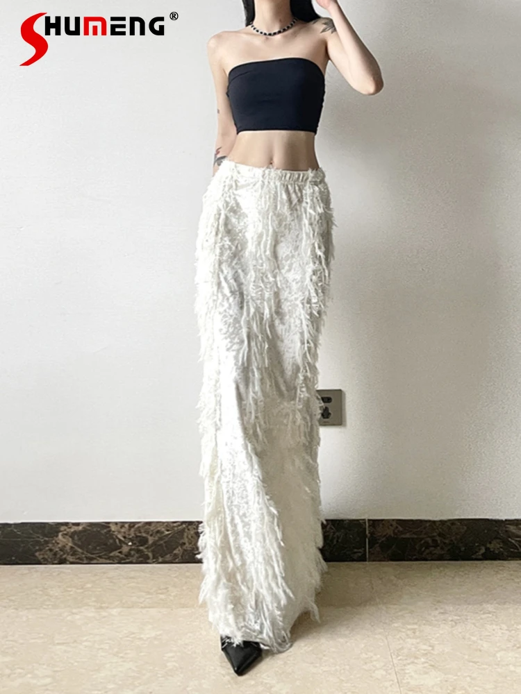 

2024 New Fashion Femininity Tassels Skirts Trendy Elastic High Waist Long Solid Color Skirt Chic Stitching Fairy Fishtail Skirts