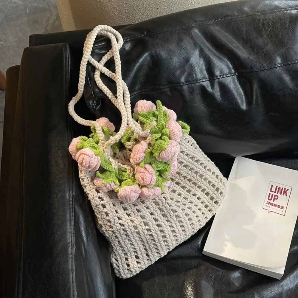 

Bohemian Rose Bouquet Weave Bag Cotton Rope Hollow Out Knitted Flower Shoulder Bag Rustic Storage Bag Rose Beach Bucket Bag