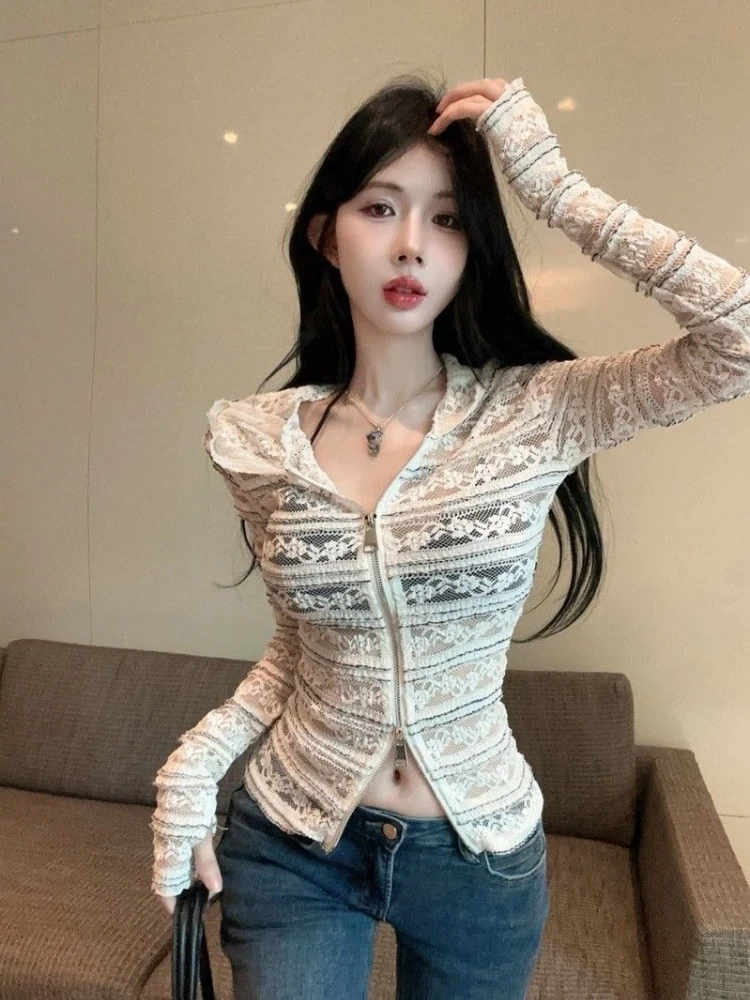

Korean Fashion Sexy Slim Lace Pure Color Elegant Autumn Long Sleeve Hooded Cardigan Y2k 2000s Sweet Fairy Vintage Tops Chic