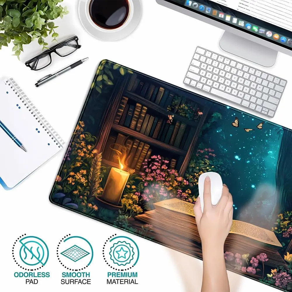 Mouse Pads Large Mouse Pads 900x400mm Gothic Desk Mat Gaming Desk Pad Blue Forest Large Mouse Pad, Mysterious Library Mouse Mat