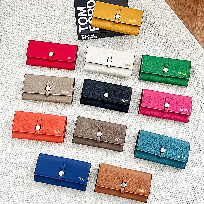 Cowhide Woman Custom Letters Long Wallet Lady Engrave Name Fashion Large Capacity Card Holder Luxury Female Coin Purse Phone Bag