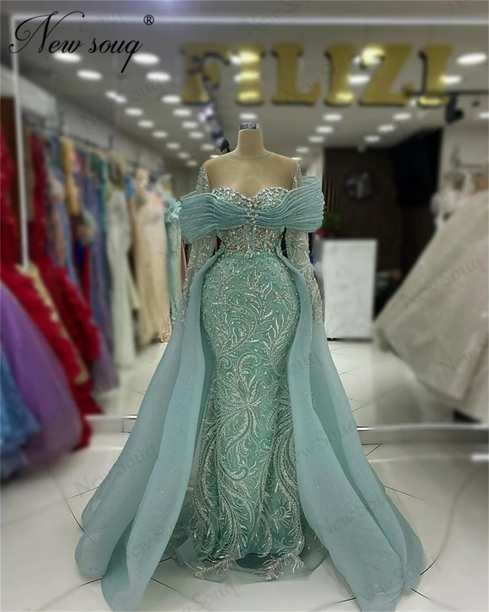 Mint Green Aso Ebi Beaded Evening Dresses Detachable Skirt Crystals Long Sleeves Party Cermony Dress Kaftans Dubai Cocktail Gown