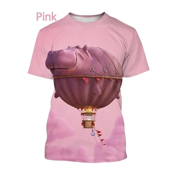 Summer Fashion Personality Hippo 3D Printing T Shirt Hip Hop Rock Casual Animal Short Sleeved Tee Shirts