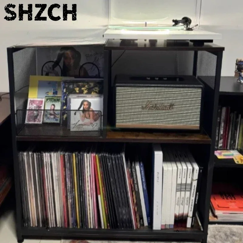 Vinyl Record Shelf - Vintage Wooden Storage for Turntable, 360° Rotating Display Stand with LED Lights, Living Room Decor